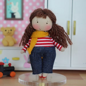 Miniature rag doll, small textile doll for 1/12 scale dolls house, cloth doll in jean with yellow scarf