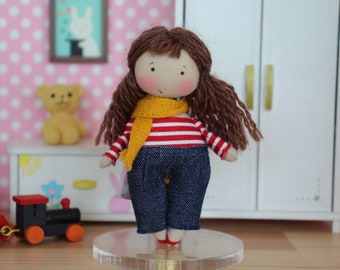 Miniature rag doll, small textile doll for 1/12 scale dolls house, cloth doll in jean with yellow scarf