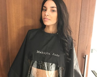 CUSTOM TEXT Hair Cutting Barber Cape with Window, Phone Viewing Apron Stylist Gown, Fast Shipping, metal snap closure, Nylon, Fashion NYC