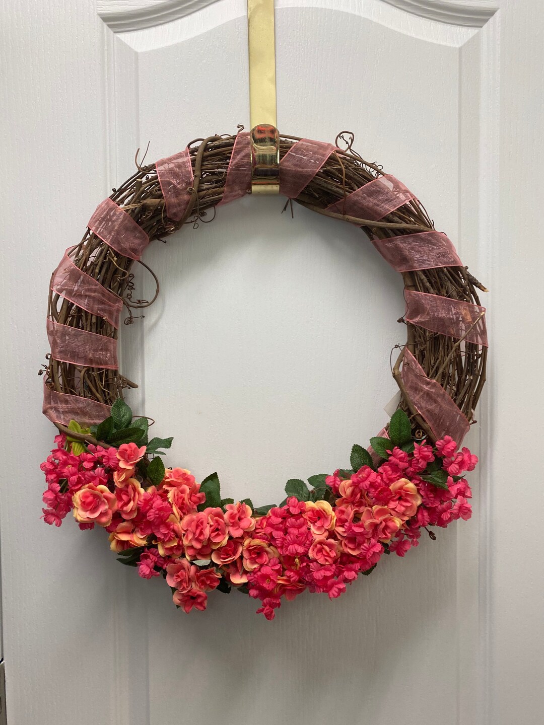 Coral Pink Floral Summer Grapevine Wreath - Etsy