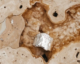 HERE ON EARTH Molten Silver Organic Thick Chunky Band Ring with White Topaz Sunken Stones