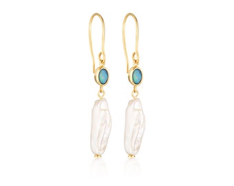 Australian Opal & Freshwater Pearl Drop Earrings - Gold Vermeil
