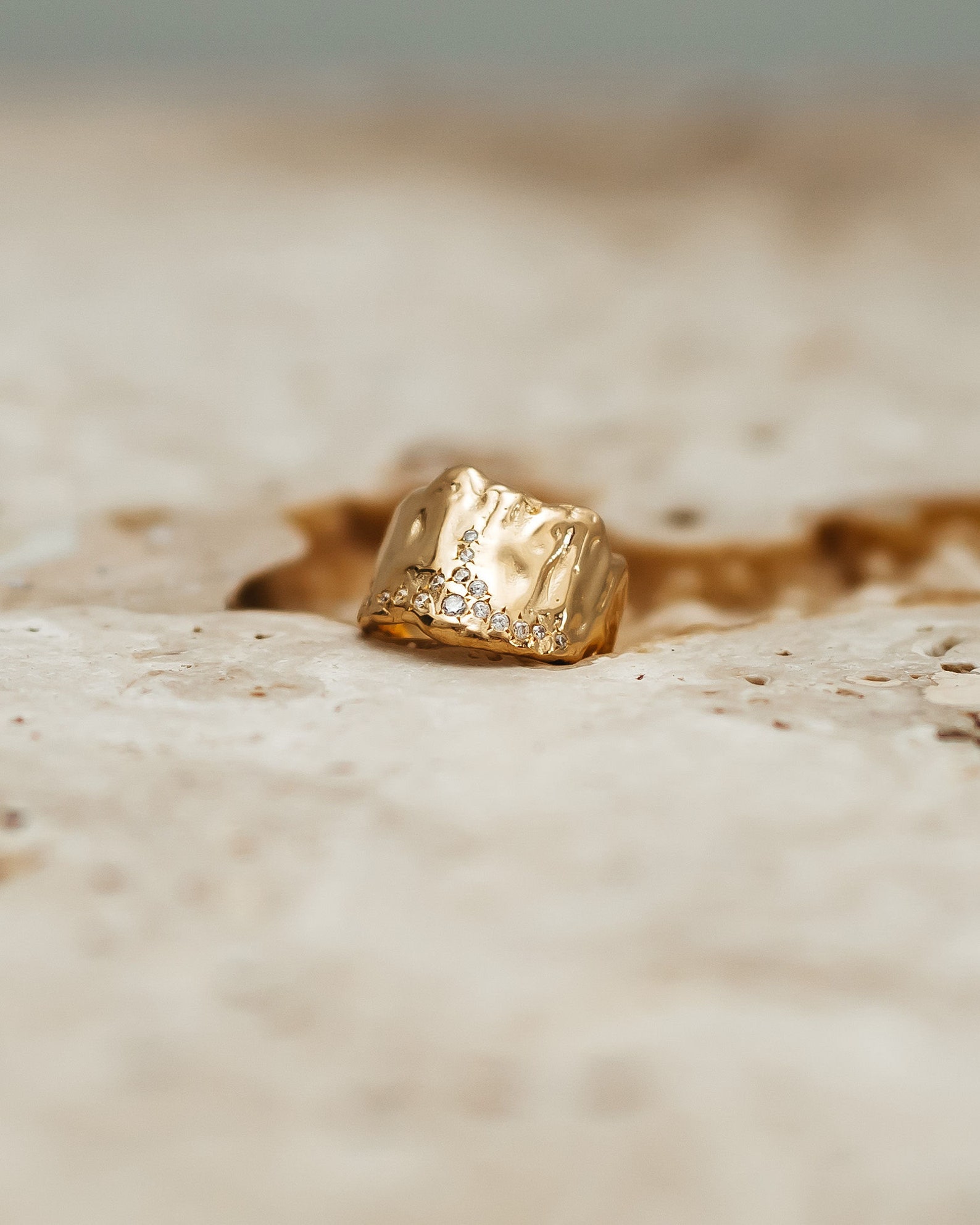 HERE ON EARTH Molten Gold Organic Thick Chunky Band Ring with White Topaz Sunken Stones by ShopBarefootBlonde