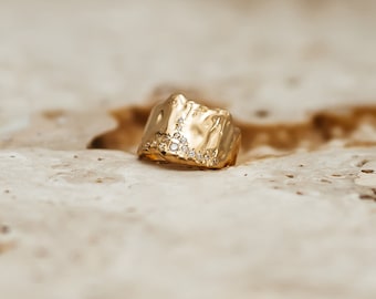 HERE ON EARTH Molten Gold Organic Thick Chunky Band Ring with White Topaz Sunken Stones