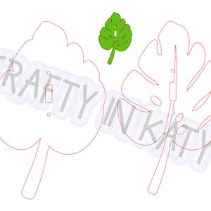 Peut inclure: Trois plaques d'interrupteur en forme de feuille et une petite découpe de feuille. Deux grandes feuilles sont soulignées en rouge, l'une avec une ouverture rectangulaire. Une petite feuille verte est également incluse. Le texte "CRAFTY IN KATY" est en filigrane sur l'image.