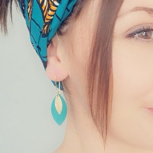 Bright green leather leaf earrings and gold MODEL AVA