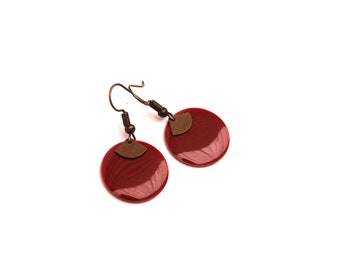 Enamelled sequin dark red, Garnet, round earrings and pendant bronze fan - Christmas gift for her