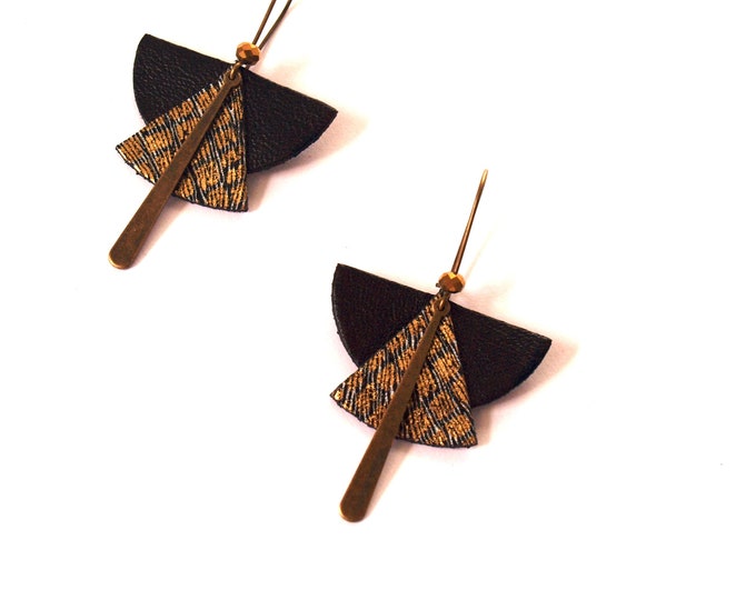 Featured listing image: Ethnic earrings black leather and glitter shaped fan graphic Japanese bronze frame and glass - model KAE bead