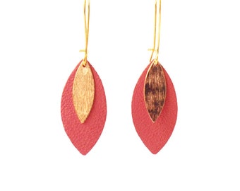 Coral leather leaf and gold AVA earrings