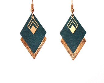 Green and gold leather earrings, emerald green and gold leather diamonds - geometric graphic earrings - LYA model - Christmas