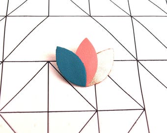 Brooch leather, flower, leaves, petals of pink, turquoise Indian and rose gold
