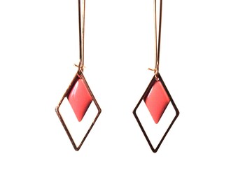 Sequin pink diamond with gold brass setting-long graphic geometric minimalist earrings enamel earrings