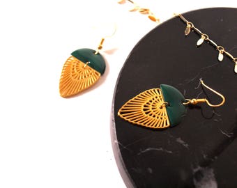 Art deco gold plated earrings matte and emerald green enamelled sequin - women gift