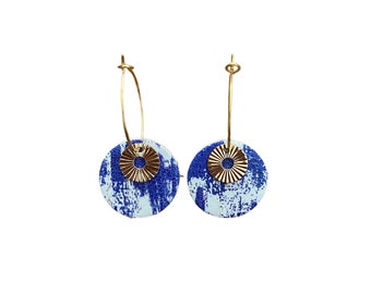 Leather and cork earrings with abstract lavender blue and white pattern - gold stainless steel hoops