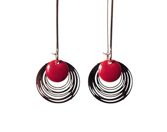 Sequin earrings enamelled garnet red and silver - long earrings minimalist and clean design - round - by nat m