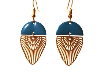 Art deco gold plated earrings matte and sequin half circle turquoise enamel and gold - spring - women gift - Valentine's day