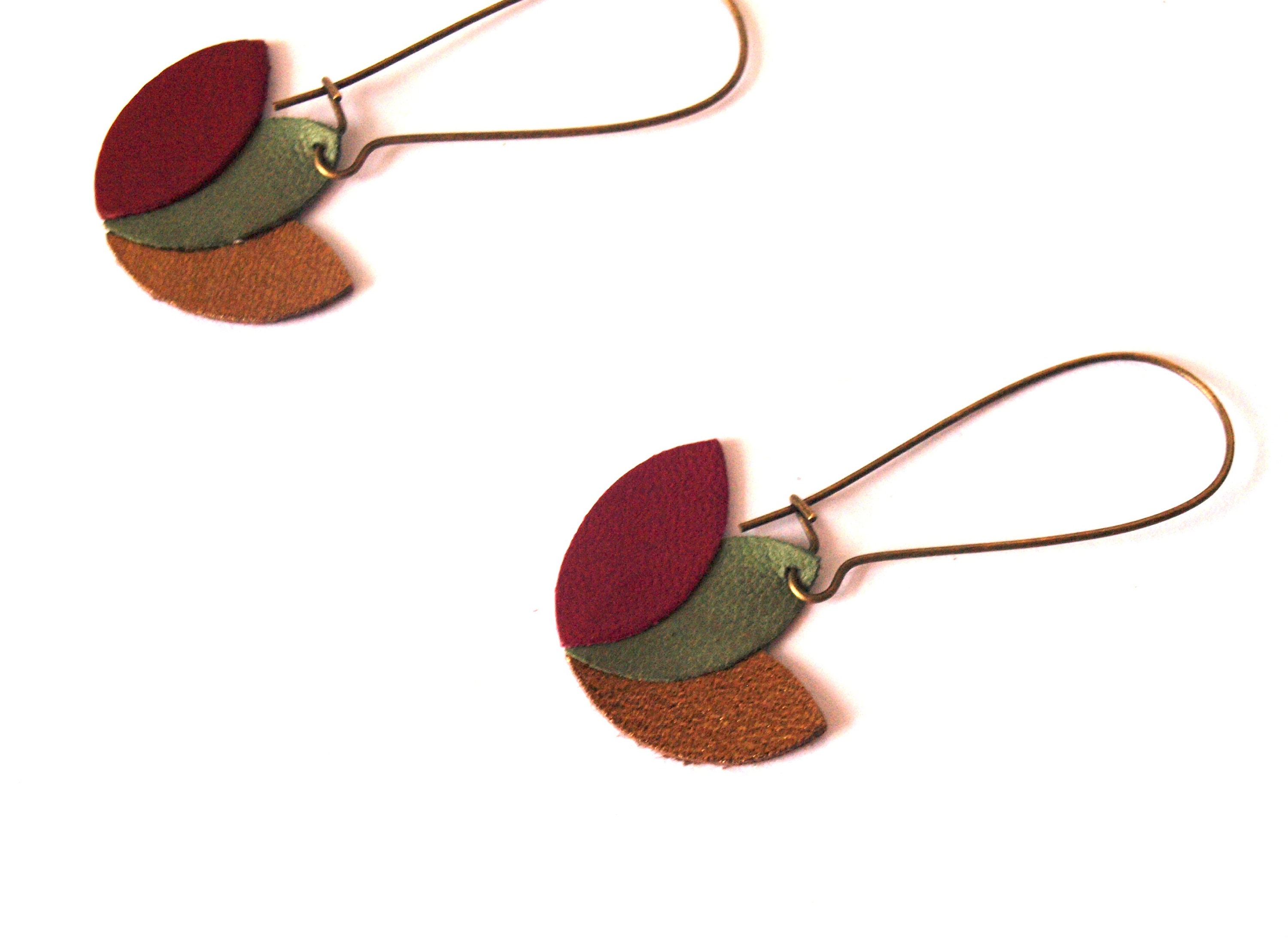 Earrings lotus flower in plum leather khaki green and bronze on