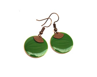 Earrings bright green and bronze sequin enamel circle and fan - Christmas gift for woman