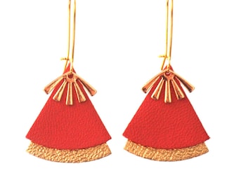 RED leather and gold stellar earrings model