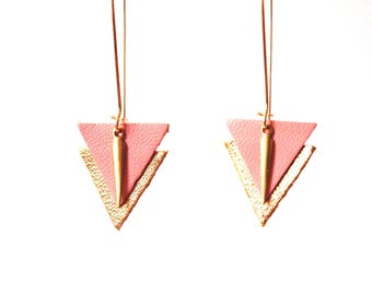 Earrings are made of pink leather Indian and gold graphics, large hooks sleepers style Golden brass and leather