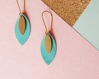Ava blue leather leaf and gold earrings