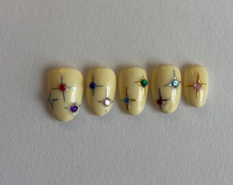 Butter Yellow Multicolor Gemstone Star Nails