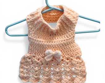 Handmade Crochet Dog Dress – Peach Yarn, Bow Detail, Small Dog Size
