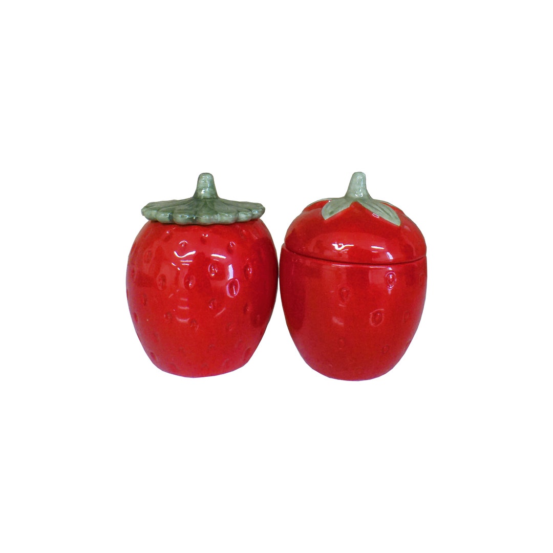 Strawberry Ceramic Jars With Lids, Set of 2 Vintage Strawberry
