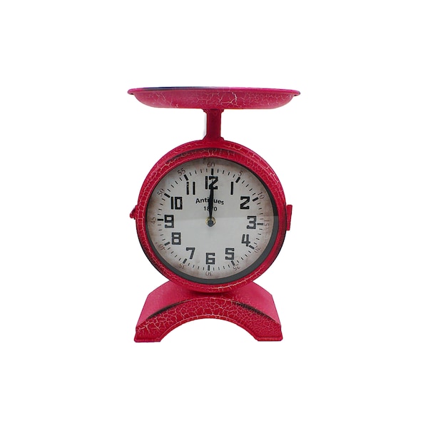 Two-Sided Red Metal Scale Shaped Clock - Vintage Tabletop Clock for Farmhouse