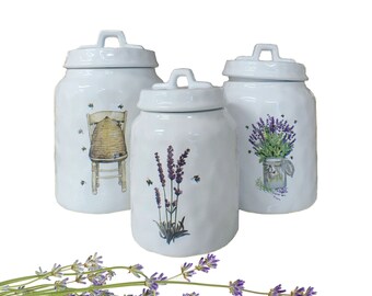 Set of 3 Stoneware Canisters with Beehive, Lavender, and Bees, Decorative Kitchen Canister Sets  for Tea, Sugar  Flour Storage