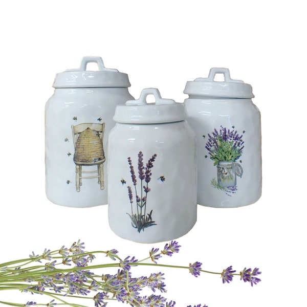 Set of 3 Stoneware Canisters with Beehive, Lavender, and Bees, Decorative Kitchen Canister Sets  for Tea, Sugar  Flour Storage