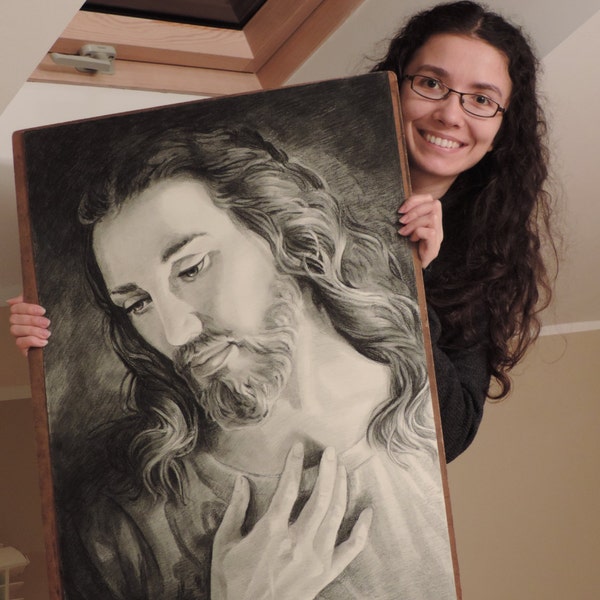 Jesus of Nazareth - BIG size - Drawing custom Jesus Christ charcoal and pencil Portrait Christian Art  gift