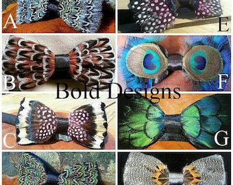 Handmade feather bow ties, huge discount shipping on multiple bowties.
