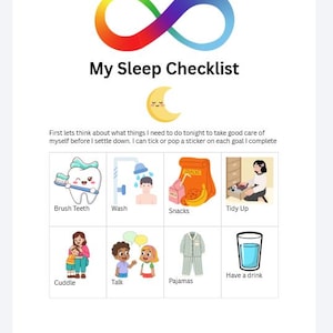 Op de afbeelding: Een slaapchecklist met de tekst "My Sleep Checklist" en illustraties van bedtijdactiviteiten, zoals tandenpoetsen, wassen en drinken. Bevat een regenboog-oneindigheidssymbool en een maan.