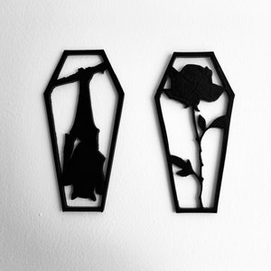 Coffin Silhouette Ornaments, Bat & Rose Set of 2 Ornaments, 3D Printed, Goth Decor, 3D Printed Art, Wall Art, Wall Decor, Silhouette Art