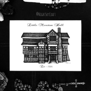 Little Moreton Hall, maison Tudor, la plus hantée, manoir Tudor, impression noir et blanc, maisons hantées, impression d'art, A5, décoration d'intérieur, croquis d'architecture