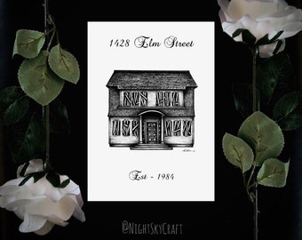 1428 Elm Street, Freddy Krueger, Friday 13th, B&W Print, Pencil Sketch Print, Haunted Mansion, Art Print, A5, Gothic Home Decor, Halloween