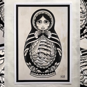 Russian Doll Print, Russian Doll Tattoo, Sailor Jerry Tattoo, Flash Art Print,Poster Print,Tattoo Flash Print,Giclee Print,Russian Doll, B&W