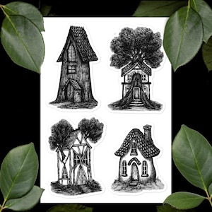 Feuille d'autocollants 113-116, Maisons fantastiques, Feuille d'autocollants en vinyle, Autocollants pour journaux, Autocollants pour agenda, Scrapbooking, Cottagecore, Art fantastique