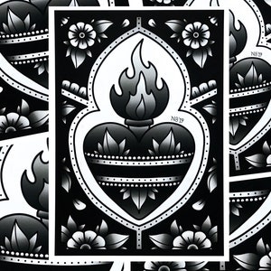 Tattoo Print, Sacred Heart Print, B&W Sacred Heart, Traditional Tattoo Print, Traditional Tattoos, Poster Print, Wall Decor, BnW Print, A5