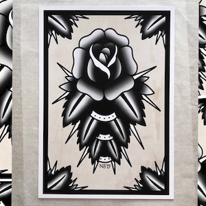 Impresión de rosa negra, impresión de tatuaje tradicional, arte del tatuaje, impresión de rosa grande, impresión de póster, impresión de flash de tatuaje, tatuaje de rosa, tatuaje de rosa negra
