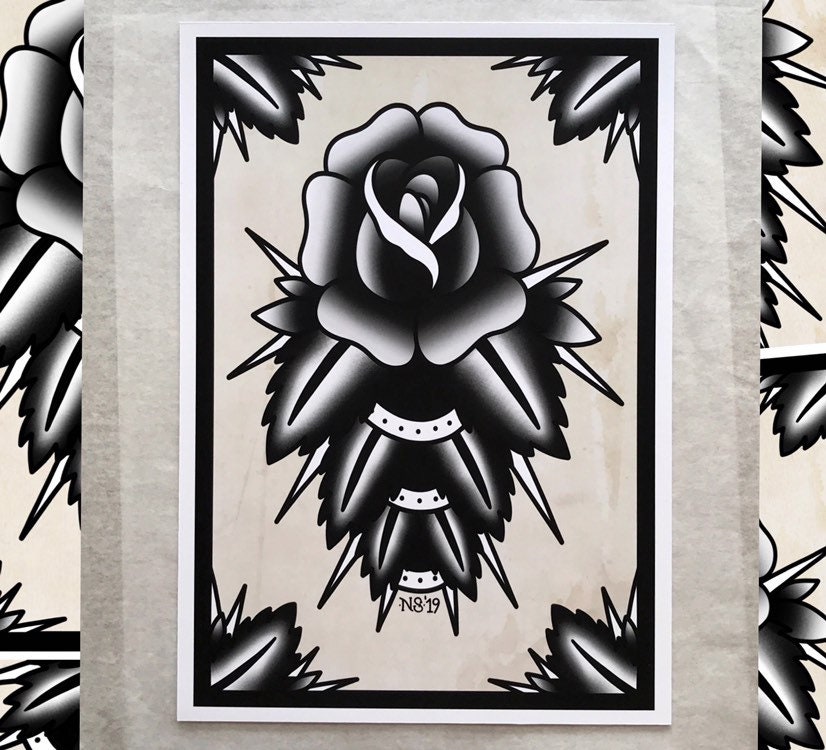 Traditional Black Rose Tattoo Flash