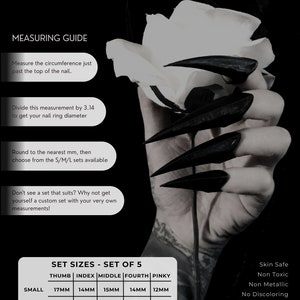 May include: An image promoting claw nail rings, featuring a measuring guide and size chart. The text reads "THE CLAW NAIL RING by Night Sky Craft". Sizes are provided in millimetres, with options for small, medium, and large sets of five claw nails.