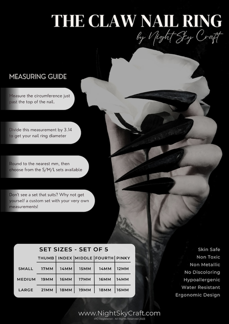 May include: An image promoting claw nail rings, featuring a measuring guide and size chart. The text reads "THE CLAW NAIL RING by Night Sky Craft". Sizes are provided in millimetres, with options for small, medium, and large sets of five claw nails.