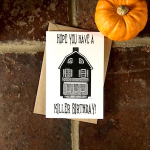 Cartão de aniversário, Amityville Horror House, cartão HBD, cartão de felicitações personalizado, arte de casa assombrada, impressão de arquitetura, cartão de aniversário alternativo