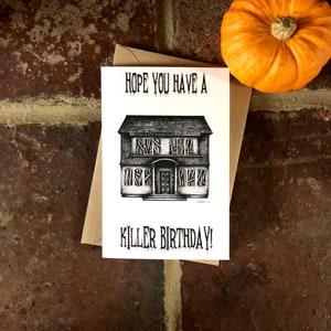 Cartão de aniversário, Elm Street House, cartão HBD, cartão de felicitações personalizado, arte de casa assombrada, impressão de arquitetura, cartão de aniversário alternativo