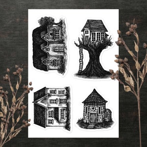 Foglio adesivi Fantasy Houses 117-120, Foglio adesivo in vinile, Adesivi per diario, Adesivi Planner, Scrapbooking, Cottage-core, Fantasy Art