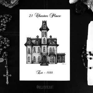 21 Chester Place, Addams Family Mansion, Schwarzweiß Druck, Bleistift Skizze Druck, Geisterhaus, Fine Art Print, A5, Dekoration, Architektur Skizze