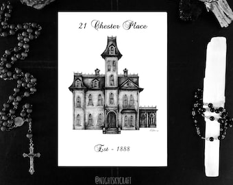 21 Chester Place, Addams Family Mansion, B&W Print, Pencil Sketch Print, Haunted Mansion,Fine Art Print, A5, Home Decor, Architecture Sketch