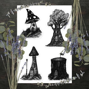 Feuille d'autocollants Fantasy Homes 109-112, Feuille d'autocollants en vinyle, Stickers pour journaux, Autocollants pour agenda, Scrapbooking, Cottagecore, Art fantastique